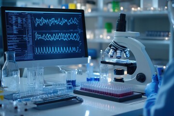 Lab scene with DNA sequences being analyzed alongside animal models, illustrating the integration of biology, zoology, and genomic research.