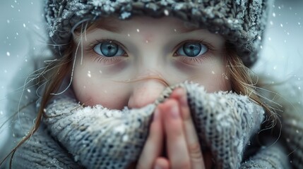 Cozy close up of a young girl warming her hands on a chilly winter day with a delightful expression