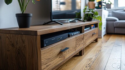 Television Stand: A stylish wooden TV stand with ample shelves and drawers for DVDs, remotes, and gaming consoles. Its dark oak finish seamlessly blends with the room’s decor.
