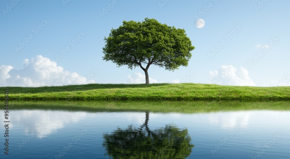 Wall mural lone tree on a grassy hill reflecting in a calm lake