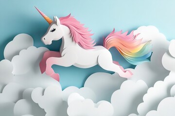 Fototapeta premium Handcrafted paper unicorn model in three dimensions, featuring pink body, white head, Rainbow mane and tail depicted leaping over white clouds. Generative Ai