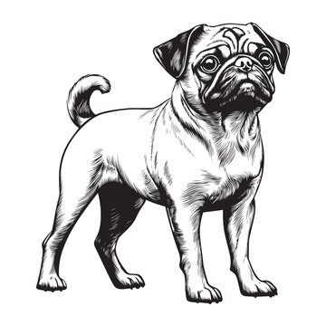 recommend clip art: Pug Dog Standing silhouette - standing dog side view Vector illustration in black and white
                    