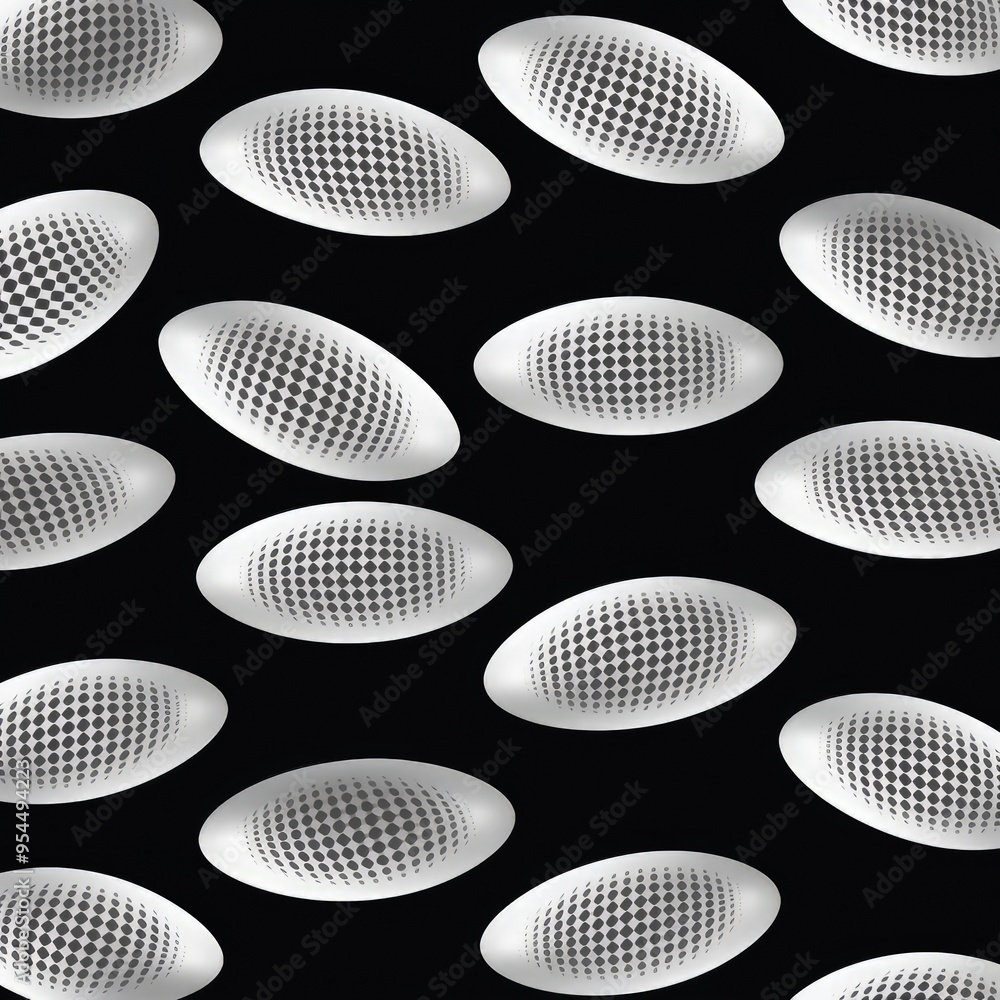 Poster a pattern of oval shapes with a textured grid design on a black background.
