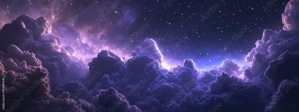 Poster windy cloudy sky with a lilac shade and many stars in a 3d cartoon rendering