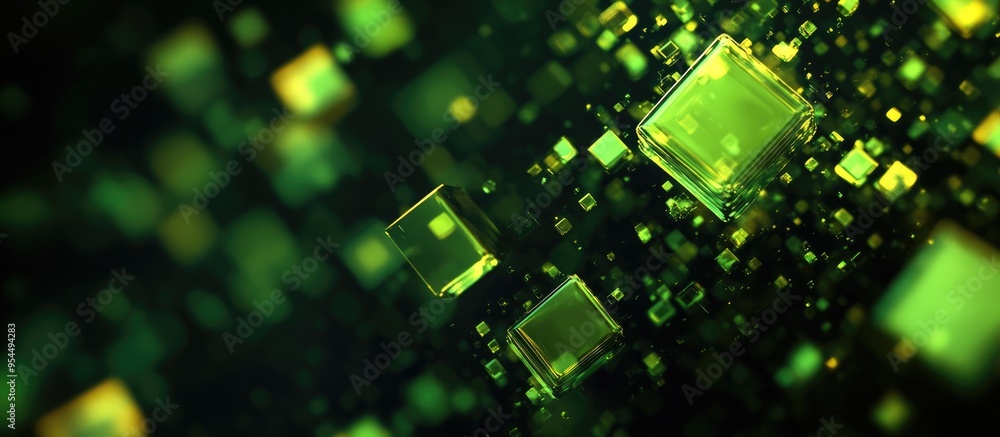 Aufkleber Abstract green square bokeh on a black background featuring a 3D cartoon rendering Fantasy fractal texture Digital art