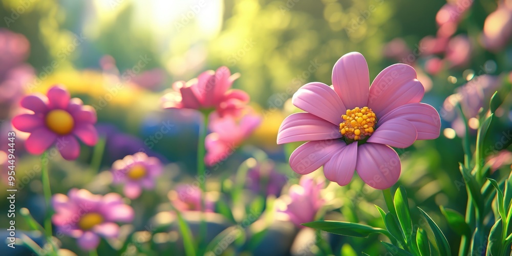 Aufkleber Beautiful flowers in a garden with soft and selective focus rendered in 3D cartoon style under daylight