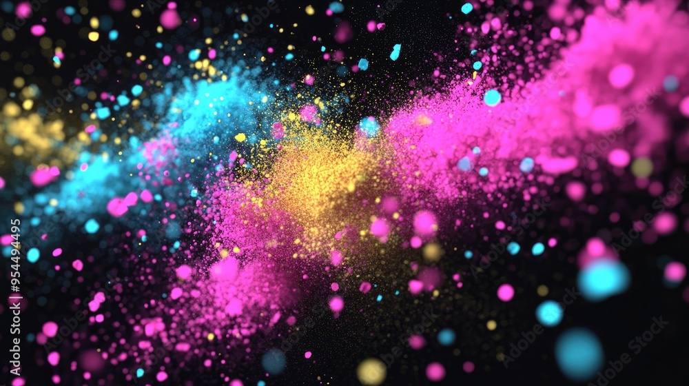 Fototapete Abstract powder splattered background in a 3D cartoon rendering showcasing the freeze motion of exploding color powder and color glitter texture against a black backdrop
