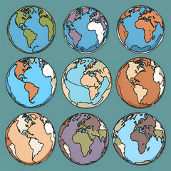 A set of nine illustrated globes in various colors and styles. Each globe features a unique perspective of the Earth, making it a versatile asset for educational or design projects.