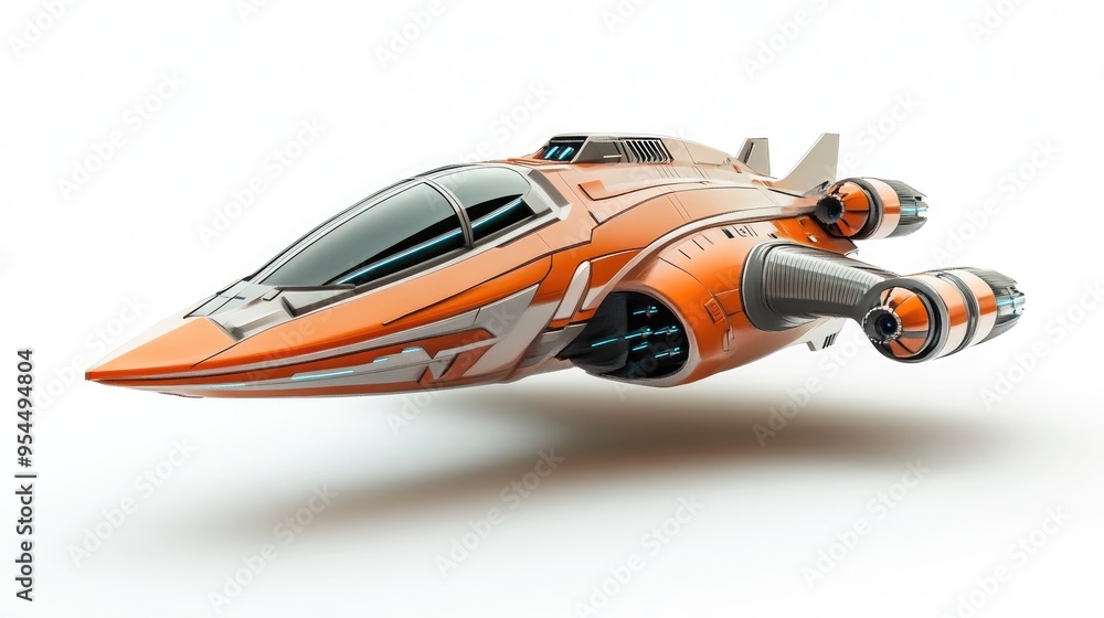 Poster Side view 3D cartoon rendering of a spaceship on a white background 3D illustration