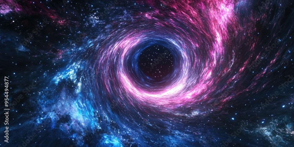 Poster Cartoon stylized 3D rendering of a cosmic wormhole illustrating a space travel concept with a funnel shaped tunnel connecting different universes