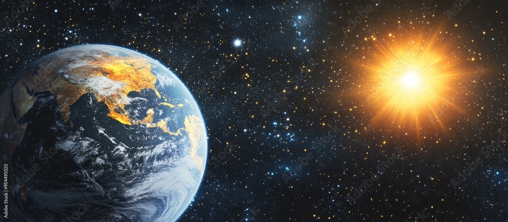 Poster panoramic view of the earth sun stars and galaxy in a 3d cartoon rendering sunrise over the planet f