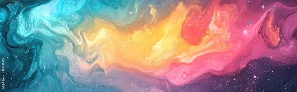 Aufkleber colorful abstract space background on watercolor paper featuring a marble ink nebula hand painted wi
