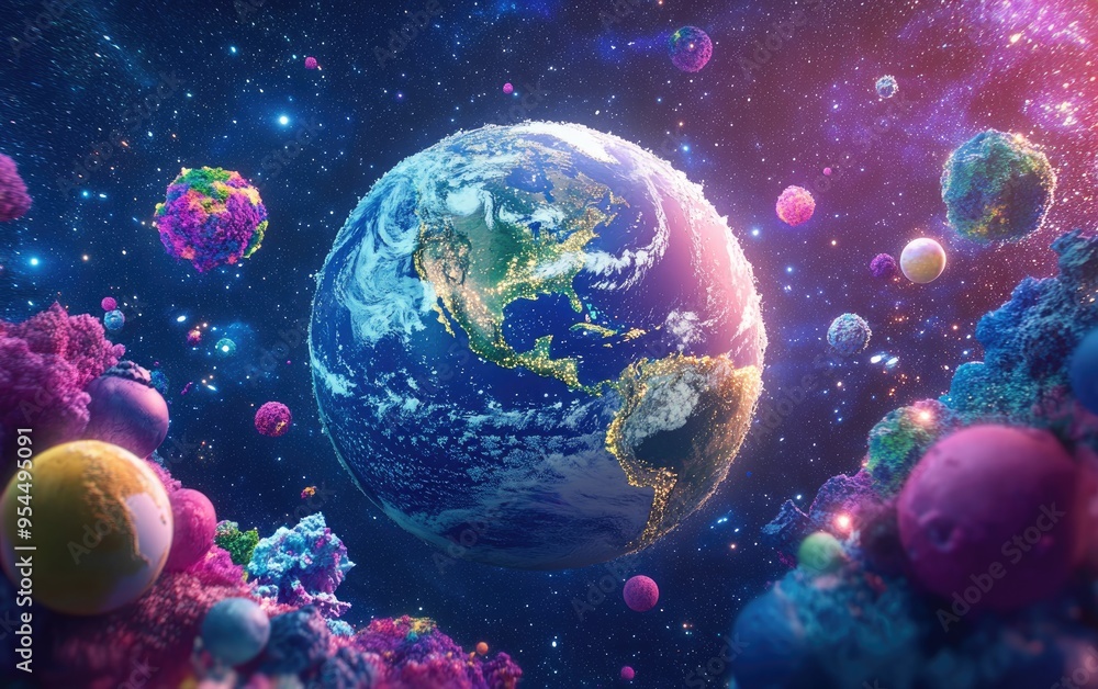 Poster collage of earth in outer space featuring a 3d cartoon rendering abstract wallpaper our planet