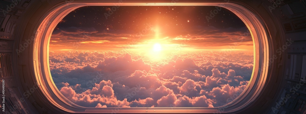 Poster Fascinating sunrise viewed through a spaceship window in a 3D cartoon rendering