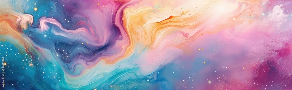 Aufkleber colorful abstract space background on watercolor paper featuring a marble ink nebula hand painted wi