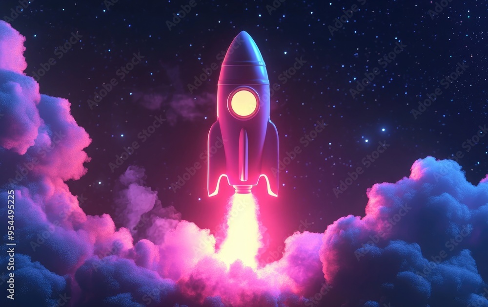 Leinwandbilder rocket takes off into space with a light blast in a starry sky depicted in 3d cartoon rendering spac