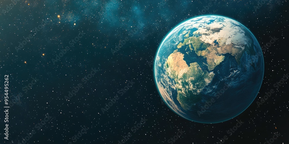Poster View of planet Earth from space in a 3D cartoon rendering featuring a detailed planet surface science fiction wallpaper and a cosmic landscape