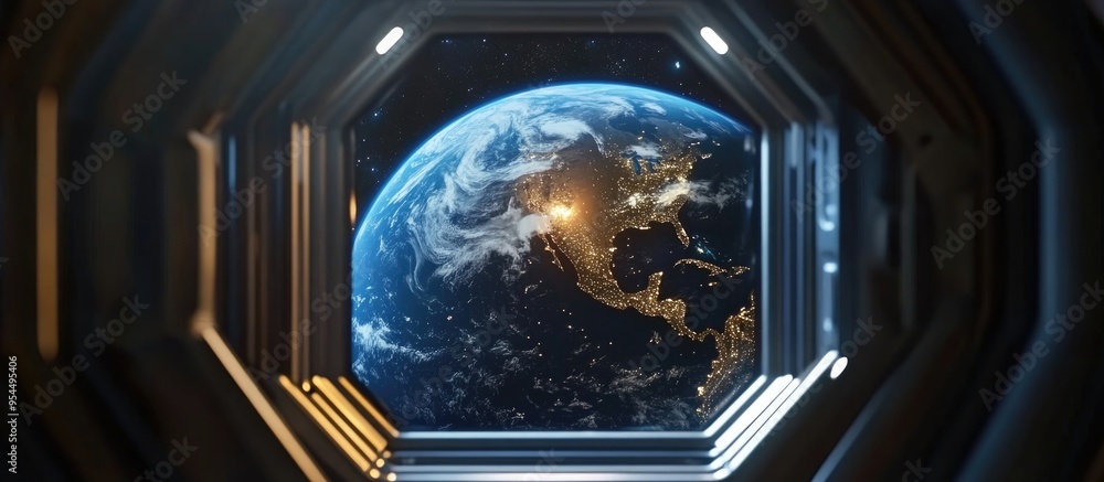 Poster Rendering of Earth planet in a window of a space station in 3D cartoon style