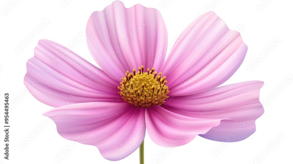 Poster Isolated pink cosmos flower in a 3D cartoon rendering on a white background featuring floral depth of field and a clipping path