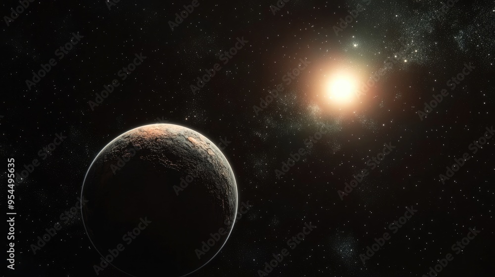 Poster 3D cartoon rendering of an isolated exoplanet view from space showcasing an alien world and solar system ideal for dark themed backgrounds and banners created through computer generated illustrati