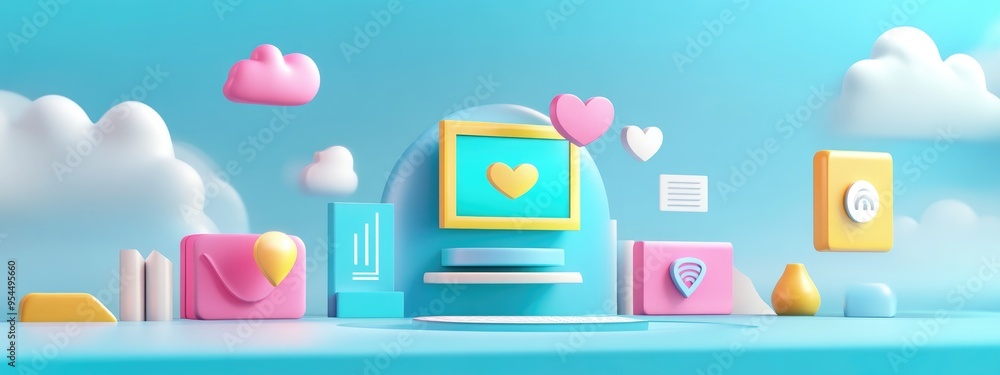 Aufkleber Internet concept in a 3D cartoon rendering featuring e business and icon technology elements