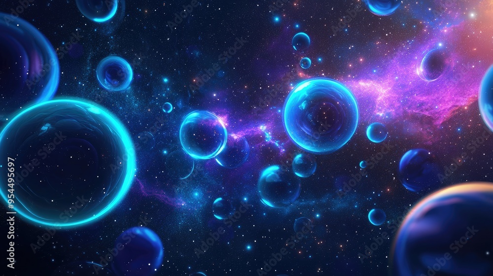 Leinwandbilder Dark retro futuristic abstract background with a 3D cartoon rendering of a glowing galaxy starry sky and blue circles representing planets