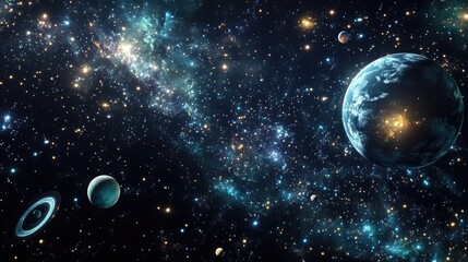 Fototapeta premium 2D illustration featuring a 3D cartoon rendering Background of outer space with deep expanse Depiction of stars planets and moons Various imaginative science fiction backdrops Space themed artwork