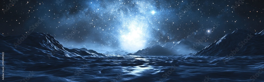 Poster 3d cartoon rendering showcasing a view of the stars over a scenic landscape