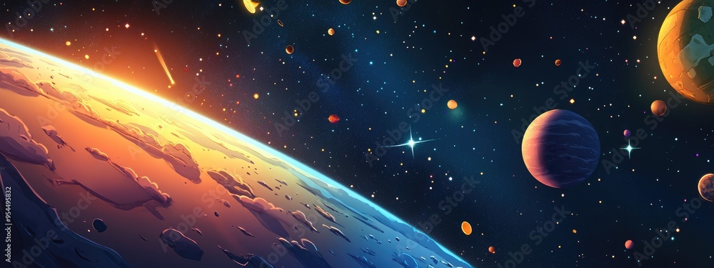 Poster 3d cartoon depiction of stars venus sirius and earth from space featuring dawn and the atmosphere of