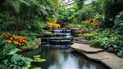 Fototapeta premium Serene Waterfall in Lush Tropical Garden