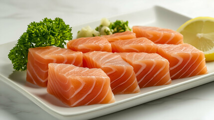Freshly sliced salmon sashimi arranged neatly on a white plate, accompanied by a lemon wedge and parsley.