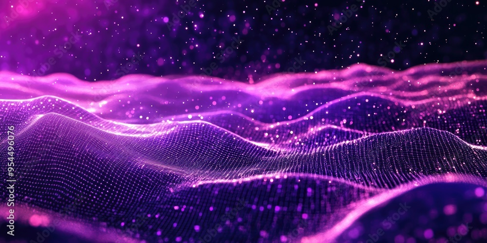 Poster Abstract ultraviolet landscape depicted in a 3D cartoon rendering against a dark background featuring a purple cyberspace grid and a violet starry outer space texture Vertical image orientation 3D