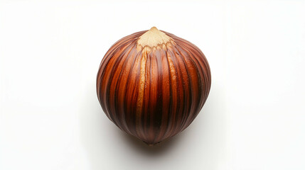 A close-up image of a whole hazelnut with its brown textured shell, isolated on a white background.