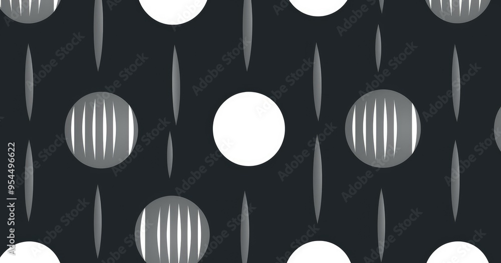 Poster a modern graphic pattern featuring circular shapes and vertical lines on a dark background.