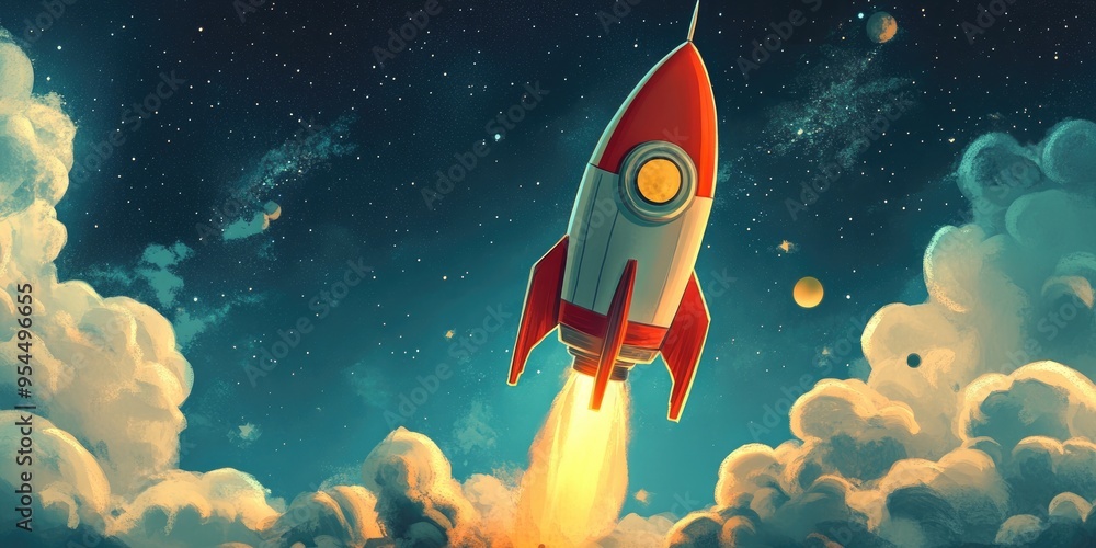 Leinwandbilder rocket and outer space in a 3d cartoon rendering digital drawing