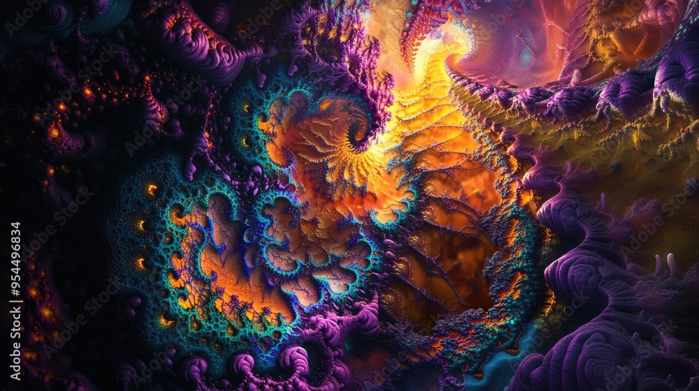 Poster vibrant and whimsical fractal design featuring chaotic and colorful patterns abstract shapes in a 3d