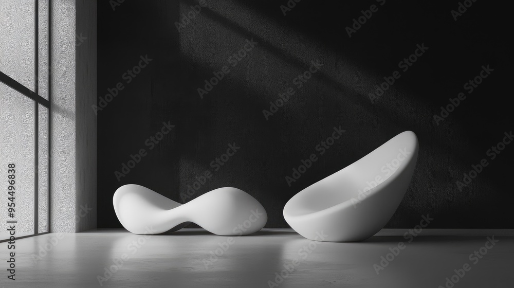 Poster dynamic interior featuring smooth white objects in a contrasting black space 3d illustration and ren