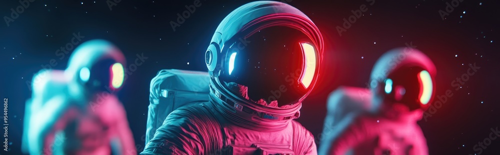 Poster cartoon rendering in 3d of a family of astronauts in space