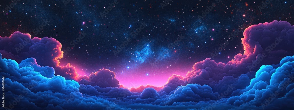 Poster 3d cartoon depiction of a panoramic starry night sky featuring clouds with a universe brimming with 