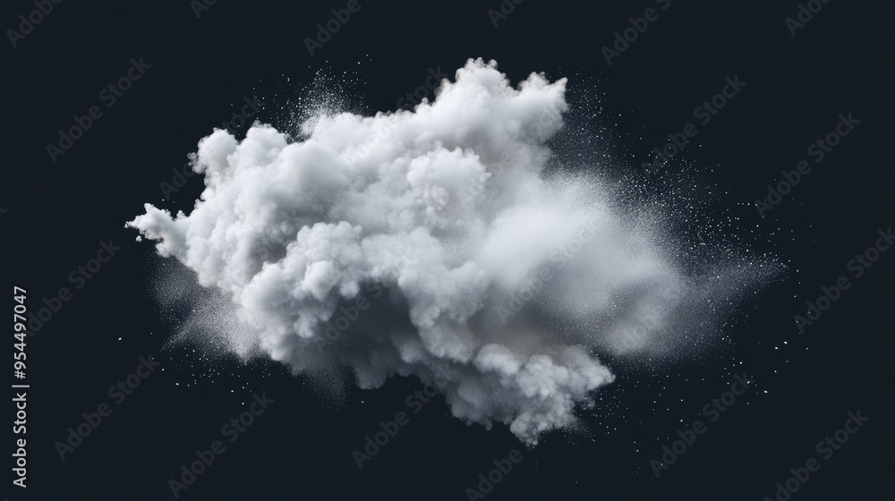 Poster abstract design of a white powder cloud rendered in 3d cartoon style against a dark background