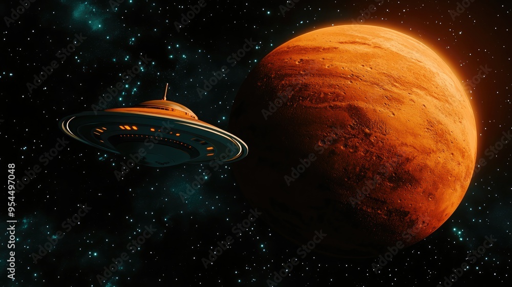 Poster 3d cartoon illustration of a ufo orbiting a red planet with a black background