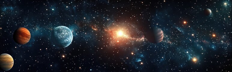 A 2D illustration rendered in 3D featuring a realistic star pattern background showcasing deep interstellar space with bright stars planets and moons Diverse science fiction inspired backdrops and