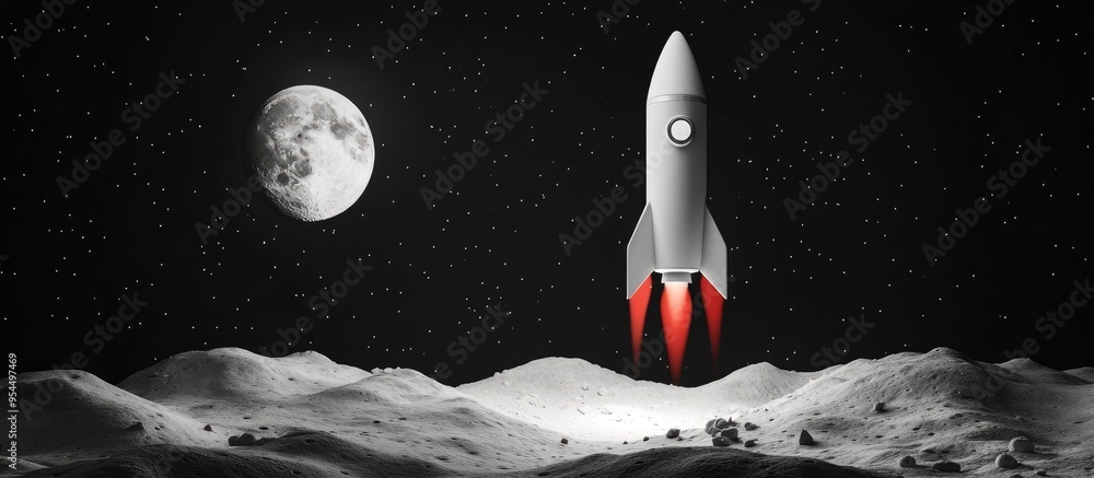 Poster Flying rocket to the moon in a 3D cartoon rendering white image on a black background