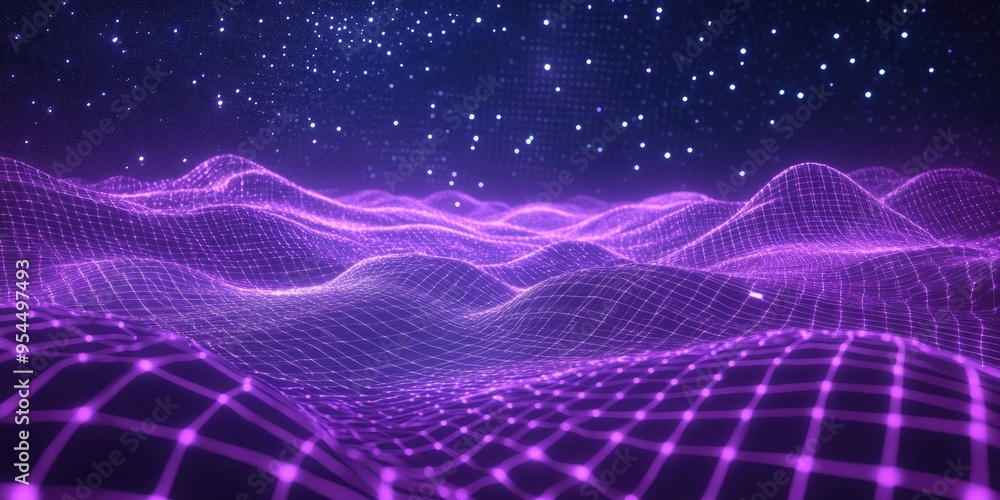 Aufkleber Abstract ultraviolet landscape in a dark background with a purple cyberspace grid showcasing a hi tech network and a violet starry outer space texture Vertical image orientation in 3D cartoon rend