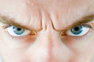 Obraz premium Close-up of an intense gaze, showcasing blue eyes with focused expression and furrowed brow, conveying strong emotions and determination.