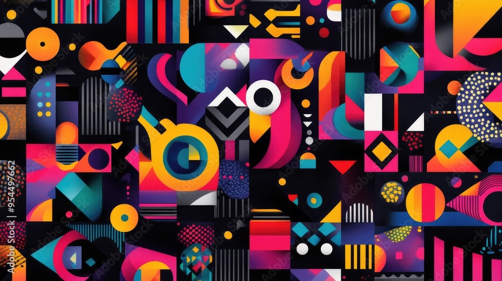 Poster intricate geometric design featuring vibrant abstract shapes a collection of elements suitable for b