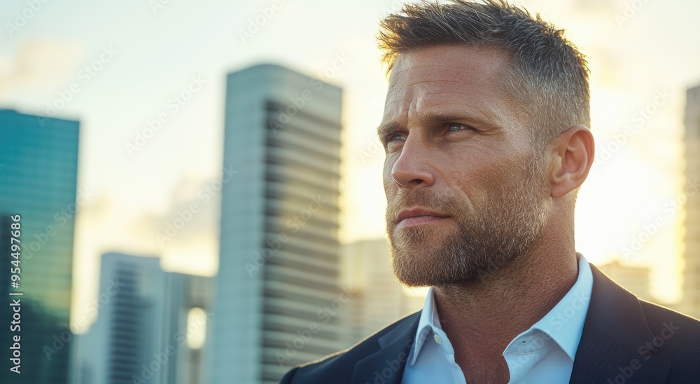 Sticker Pensive businessman looking out over city skyline