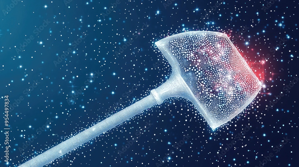 Poster shovel icon composed of white dots in a pointillism style featuring an abstract futuristic design of