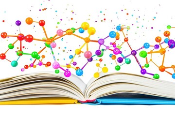 An open book with vibrant molecular designs above, symbolizing knowledge, science, and creativity in education and research.