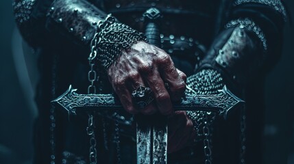 A medieval knight in chainmail armor kneeling on one knee, gripping a sword, prepared for battle.